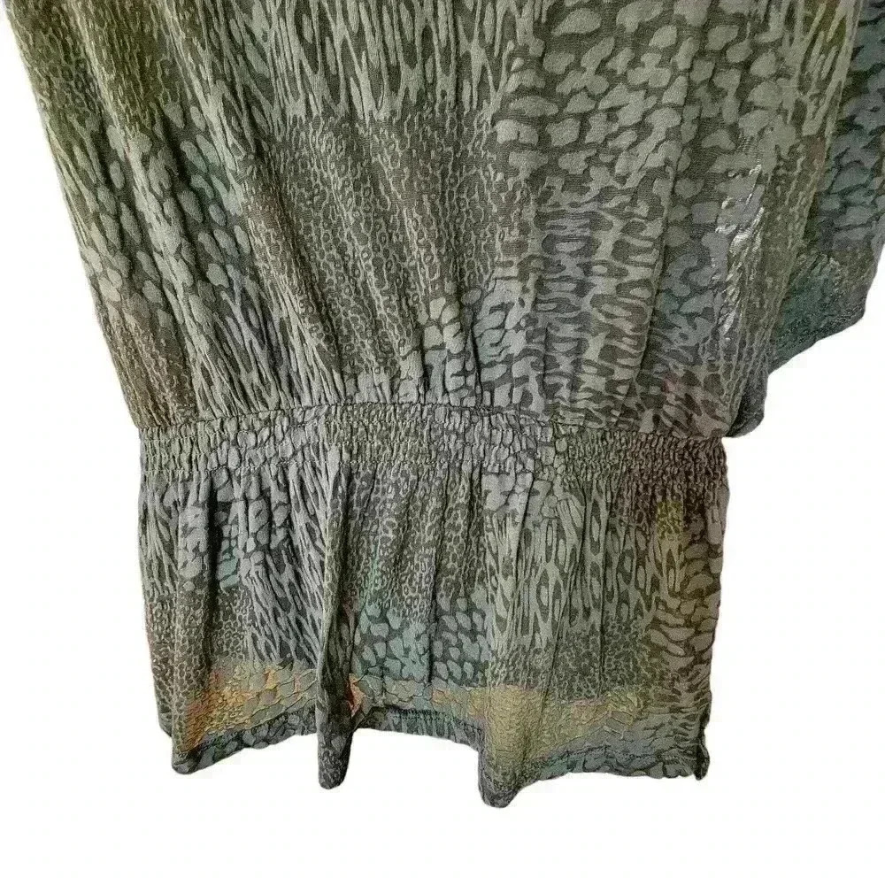 Alfani Sheer Blouse Top Olive Green Animal Print Beaded Neckline 2 Piece Size L - Picture 6 of 9